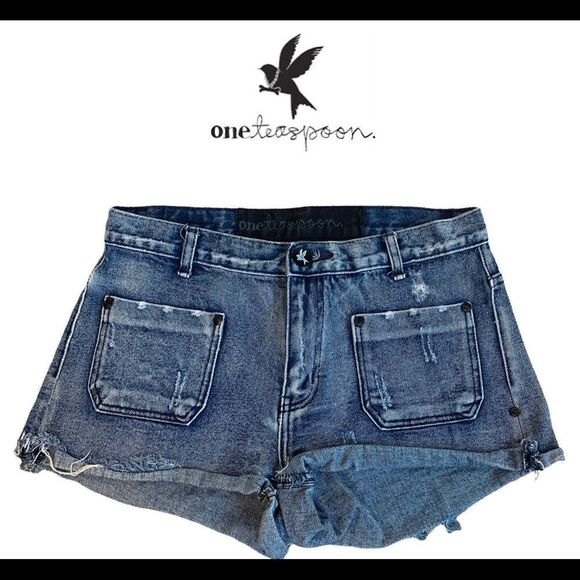 ONE Teaspoon Blue denim Jean high-rise Cutt-offs shorts Sz 10/28 - Picture 1 of 10